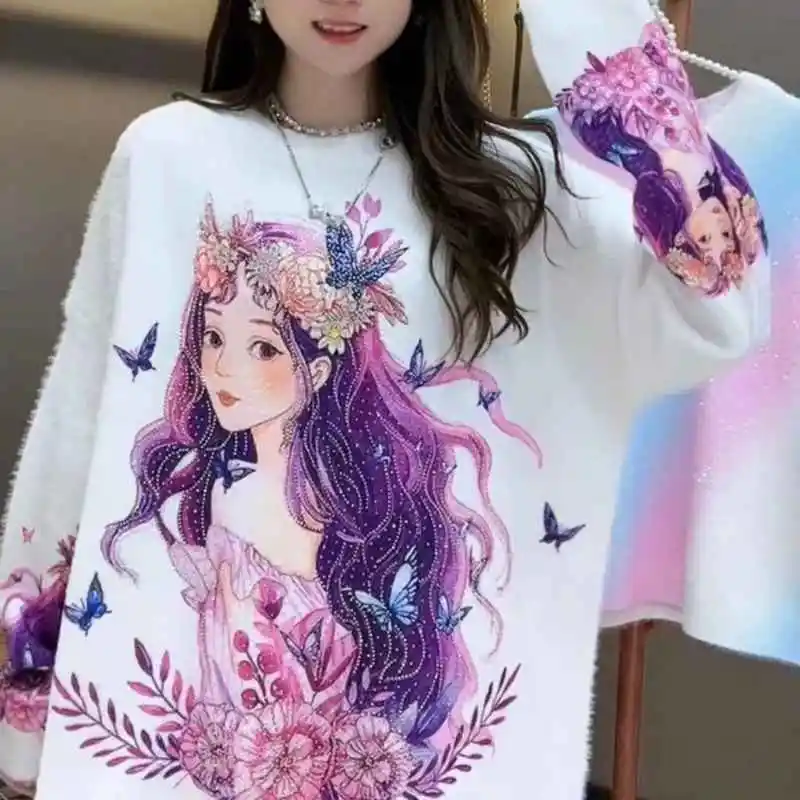 

Women Sweater Round Neck Cartoon Rhinestone Long-Sleeved Sweater Women's Fashion Mid-Length Loose Pullover Knitted