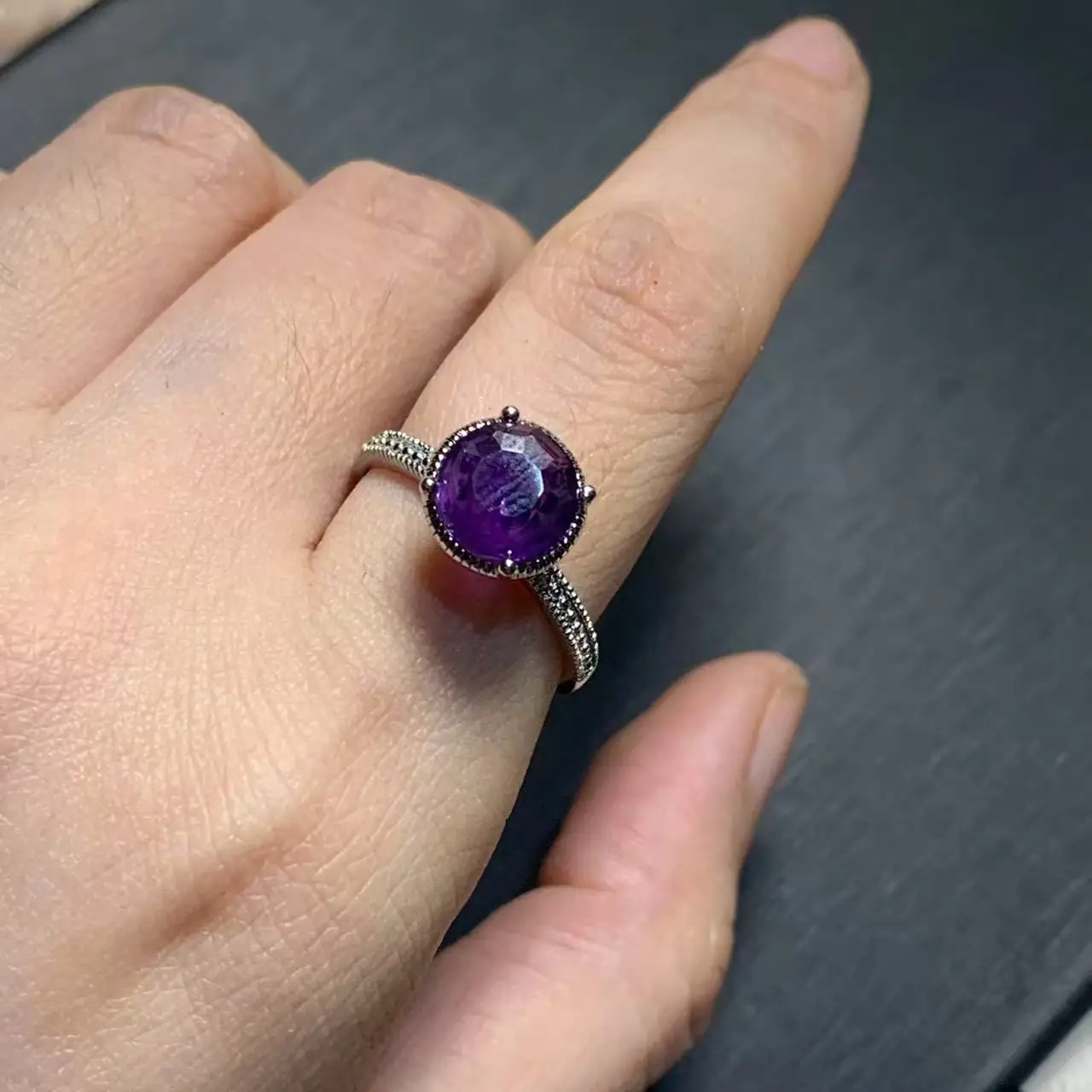 ROUND Natural Amethyst Ring Stone Female Handmade Rings Jewelry for Women Gift Purple Flower