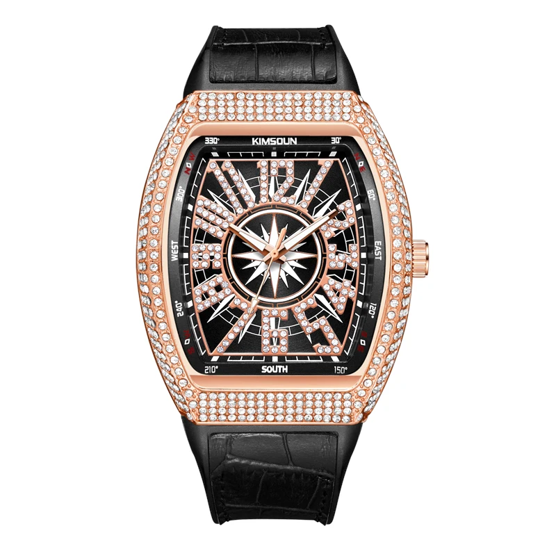 Luxury Watches For Men Hip Hop Iced Out Diamond Tonneau Quartz Wristwatch Fashion Rose Gold Inlay Rhinestone Man Watch Gift 2023