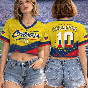 2026 Summer Women's Colombia Inspired V-Neck Crop Top, Breathable Quick Dry Y2K Football Fan Cheerleading T-shirt