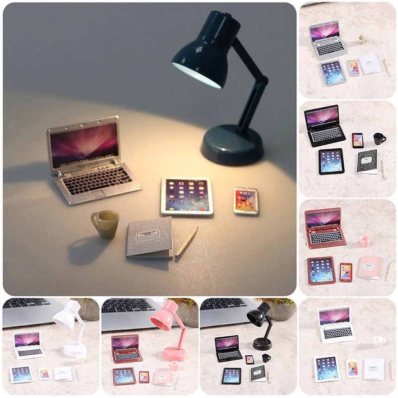 6/7Pcs/Set 1:12 Dollhouse Miniature Laptop Phone Tablet Desk Lamp Pencil Book Cup Model Doll House Learning Dewk Scene Decor