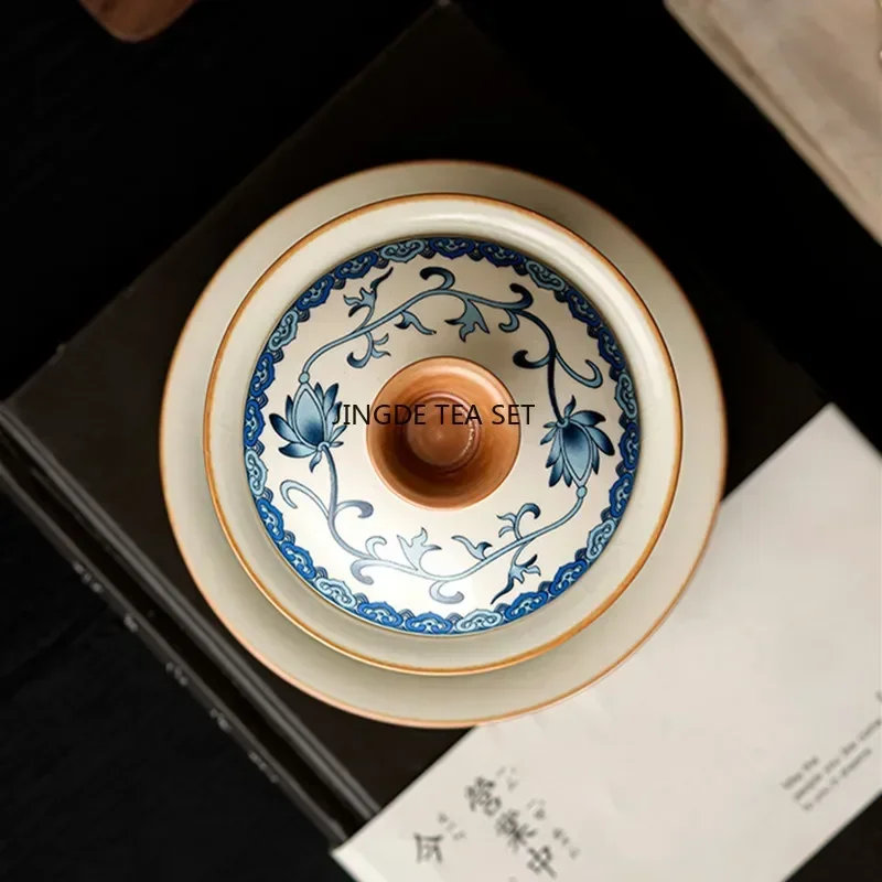 Chinese Traditional Blue and Flower Ru Kiln Gaiwan Teacup Handmade Ceramic Tea Tureen Household Tea Bowl Travel Portable Teaware