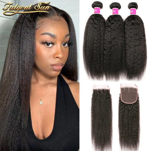 Brazilian Human Hair 3 Bundles With 4×4 Closure Kinky Straight Hair Bundles With Closure Remy Hair Weave Extensions For Women 1
