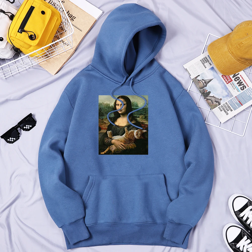 

Famous Painting Mona Lisa Hold Cat Creativity Clothes Male Soft Loose Streetwear Outdoor Warm Hoodie Basic Designer Hoodies Men