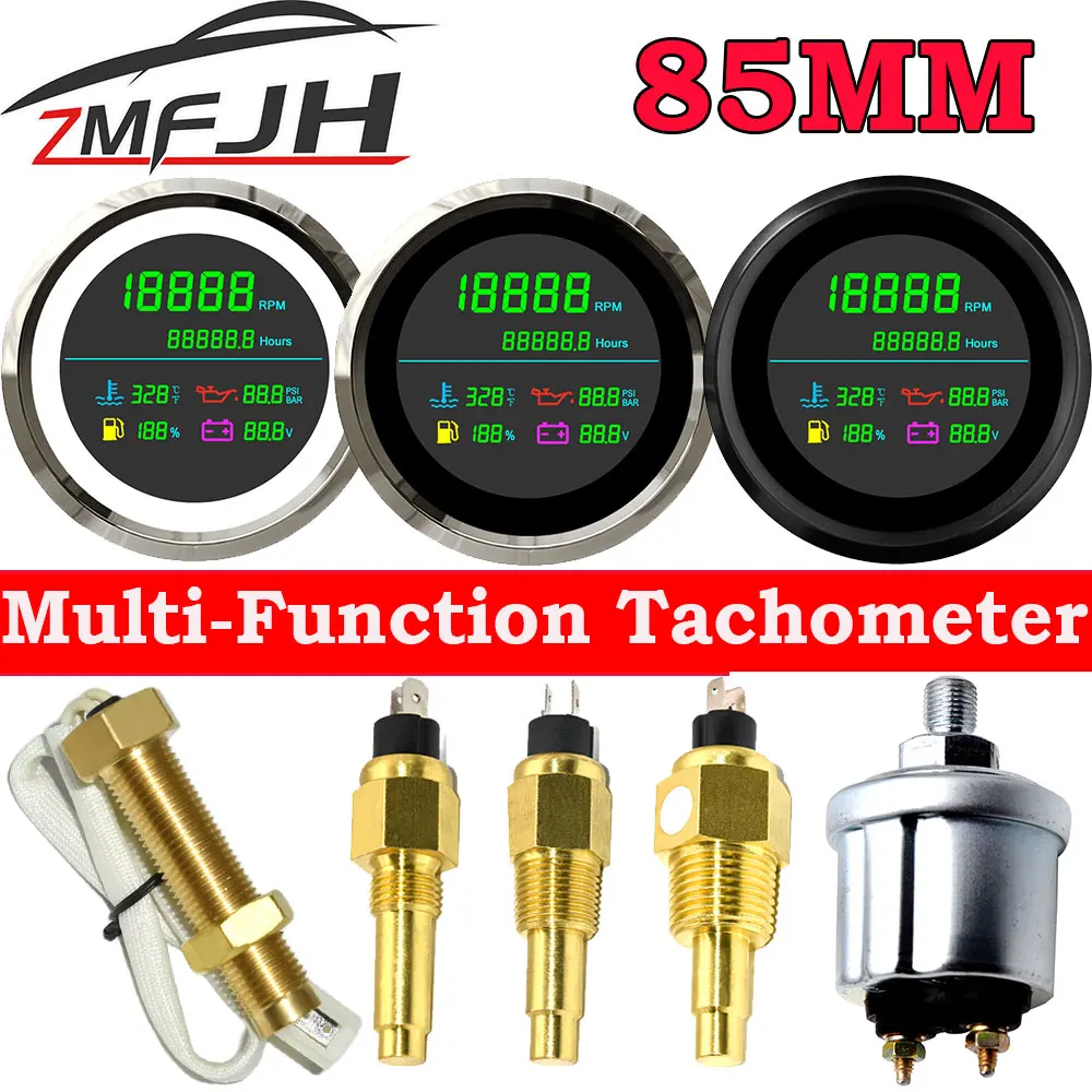 

New 6 In 1 85mm LCD Multi-Function Tachometer Fuel Gauge Water Temperature Oil Pressure 0-10 Bar Sensor For Boat Car Motorcycle