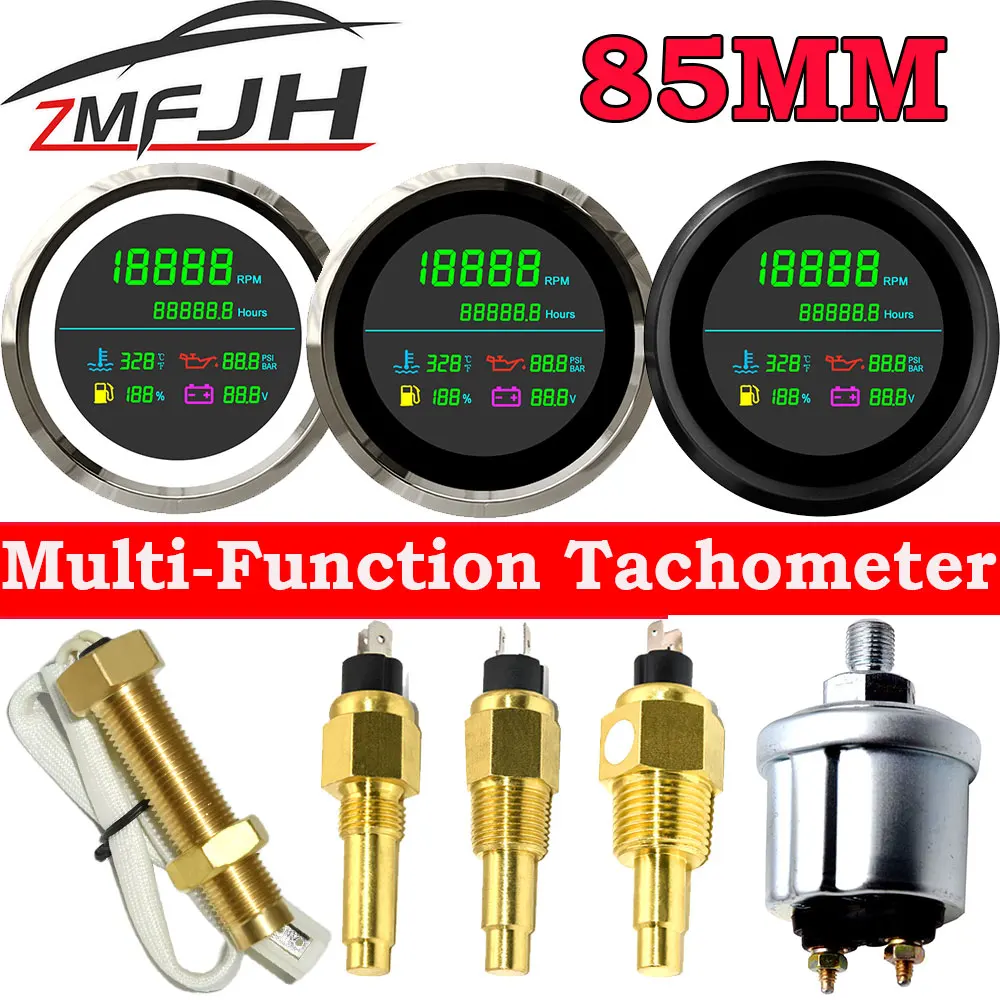 Nový 6 v 1 85mm LCD multifunkční otáčkoměr palivo měrka voda teplota olej měrný tlak 0-10 pult senzor pro loď auto motocykl