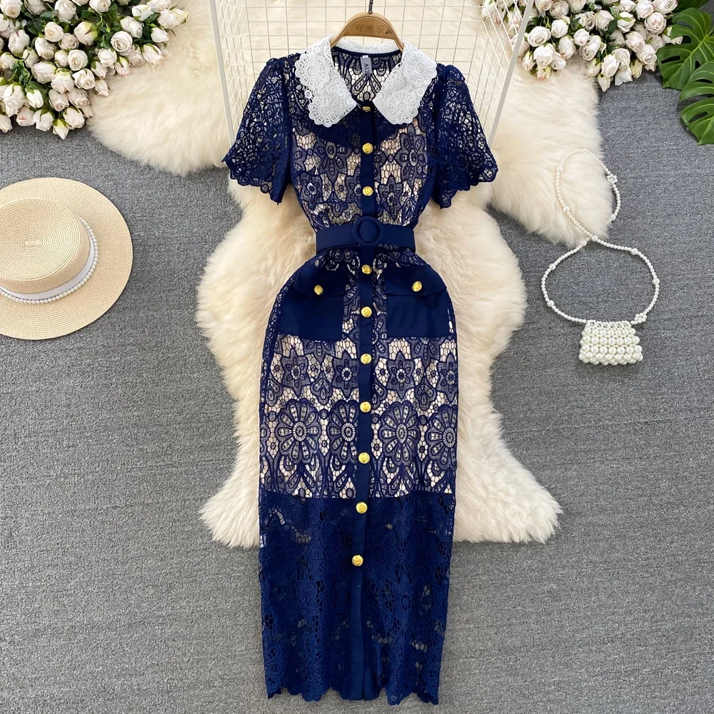 Epona | Velvet dress with dotted lace, half sleeves, stand-up collar and lacing at the back
