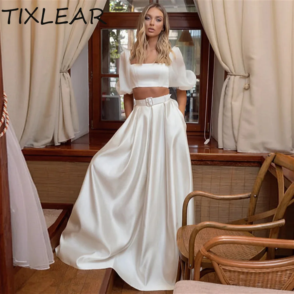 

TIXLEAR A-line Wedding Dresses for Women Two Pieces Soft Satin Half Puff Sleeves Belt Decoration Vestidos De Novia váy cưới 2024