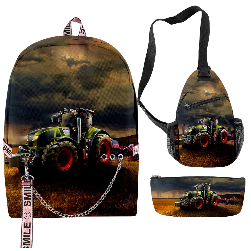 

Cartoon Novelty Cool Tractor Pattern 3D Print 3pcs/Set School Bags multifunction Travel Backpack Chest Bag Pencil Case