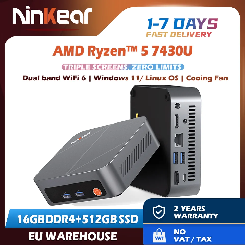 Ninkear M7 Compact Mini PC Windows 11 Linux AMD Ryzen 5 7430U 16GB