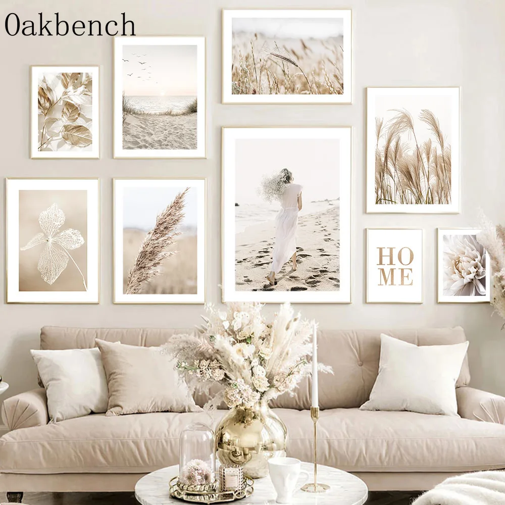 

Beige Landscape Wall Posters Beach Reed Canvas Poster Flowers Art Prints Leaf Print Pictures Nordic Poster Living Room Decor
