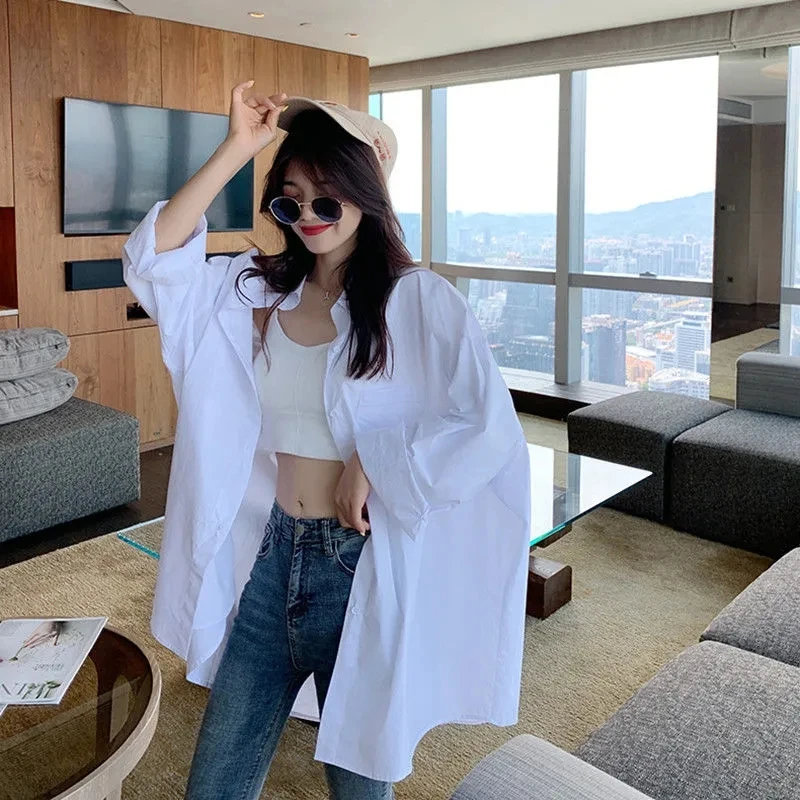 

2024 Summer New Shirt Female Students Loose Long Sleeve Base Wear White Shirt Sunscreen Tops solid Elegant Luxury Shirt Female