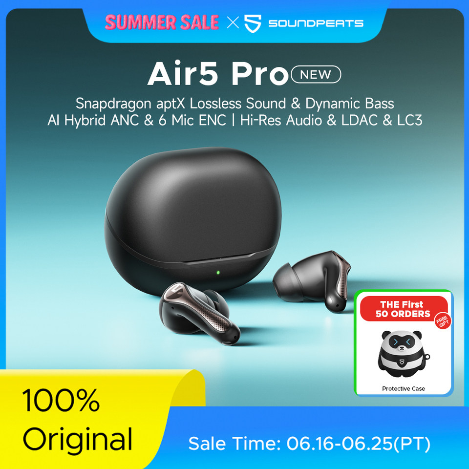 SOUNDPEATS Air5 Pro Wireless Earphones 55 dB Adaptive Hybrid ANC Bluetooth 5.4 Earbuds, Hi-Res LDAC aptX Loseless,6 Mics AI ENC