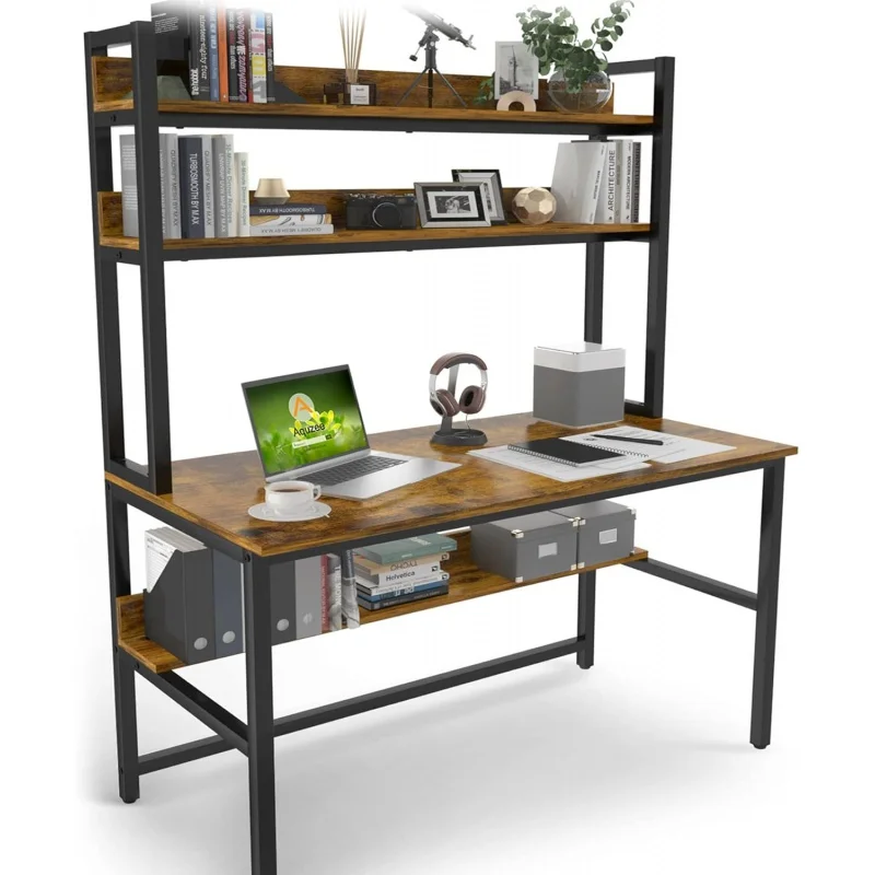 

Aquzee Computer Desk with Hutch & Bookshelf, Home Office Desk with Space Saving Design, Metal Legs Industrial Table with Upp