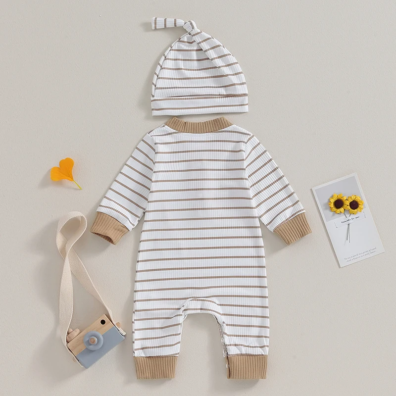 

Infant Clothes Unisex Baby Girl Boy Rib Knit Romper Stripe Print Button Hat Jumpsuit Newborn 2Pcs Outfits Set