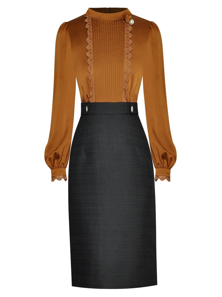 

Sweetsince Pencil Dress Spring Summer Women's Round Neck Long Sleeve High Waist Splice Hip Wrap Professional Clothes 2023 New