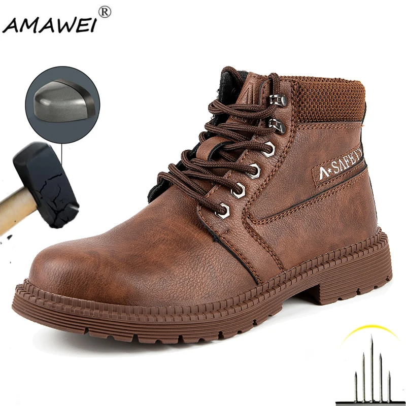 

Waterproof Borwn Color Safety Shoes Men Steel Toe Work Boots Unisex Hiking Trail Anti-smash Non Slip Botas Platform Boots Hombre