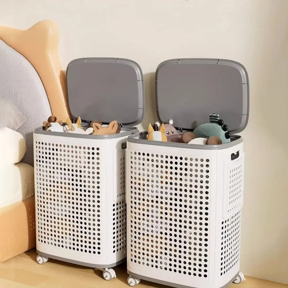 Large Capacity Folding Dirty Clothes Basket Dust-proof Plastic Rolling Laundry Basket with Mute Wheels Detachable 1