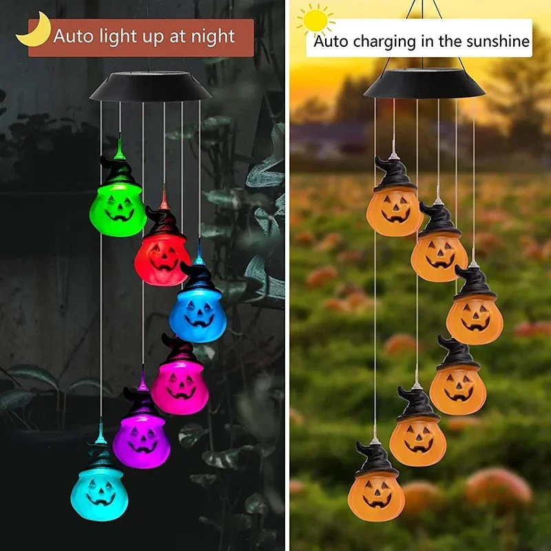 Outdoor Solar Garden Wind Chime Lights Skull and Pumpkin Hallowen Courtyard Atmosphere Waterproof Decoration Lamp