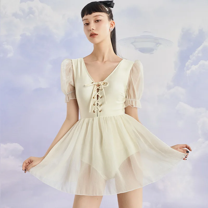 

Light Yellow Dress Puff Sleeves Girl Bodysuit Sukumizu High Waist Swimsuit Women's Summer Backless Skirt Bathing Suit Swimwear
