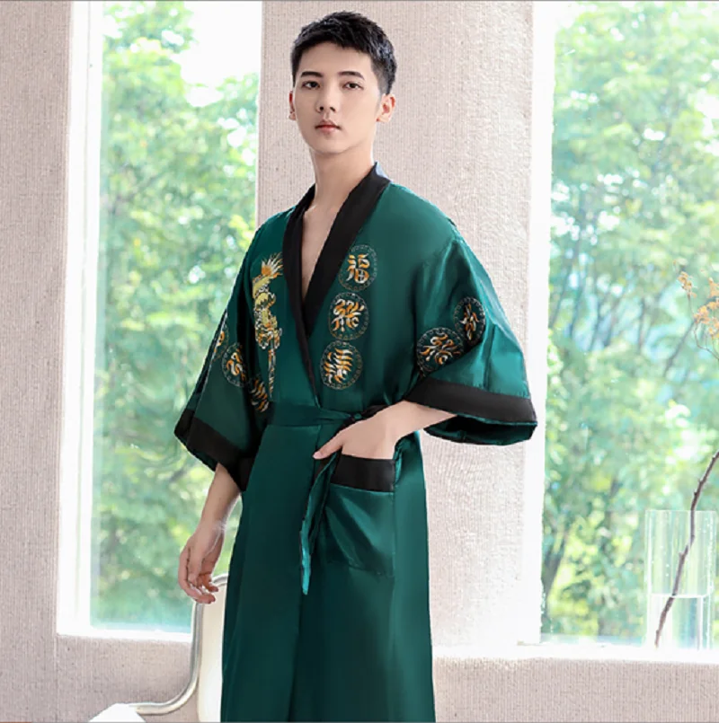Hot Selling New Spring Chinese Style Men's High Quality Satin Silk Two-face Robe Embroidery Dragon Loose Kimono Bath Gown