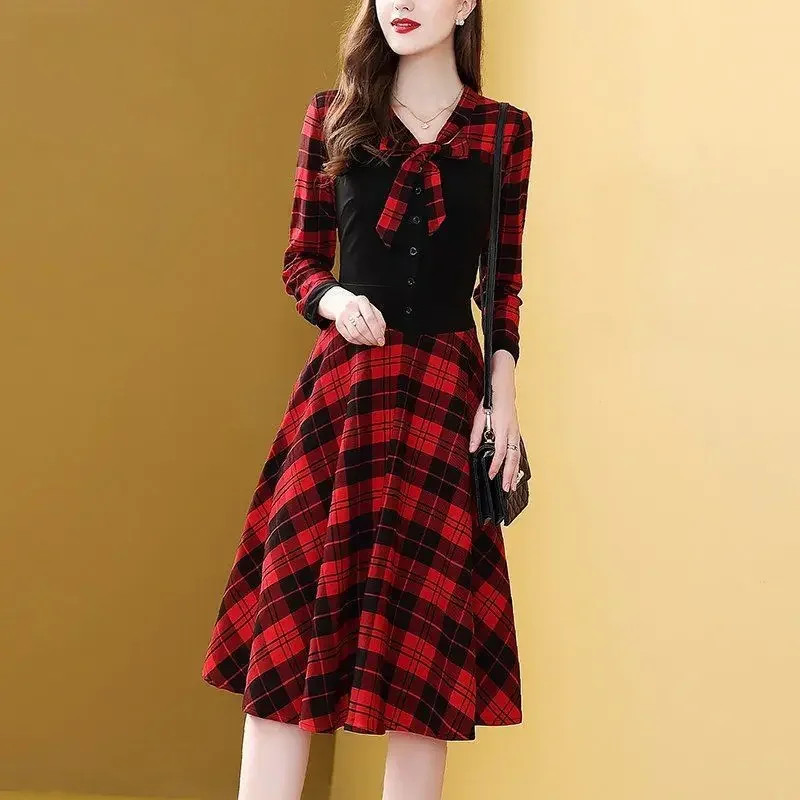Autumn Plaid Patchwork Dress Korean Party Style main image 1