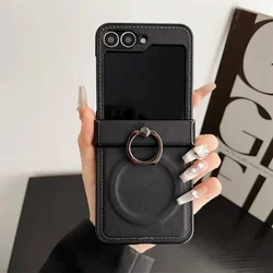 Magnetic Leather Wireless Charging Phone Case with Protective Ring Hinge Cover for Samsung Galaxy Z Flip 5 (Black)