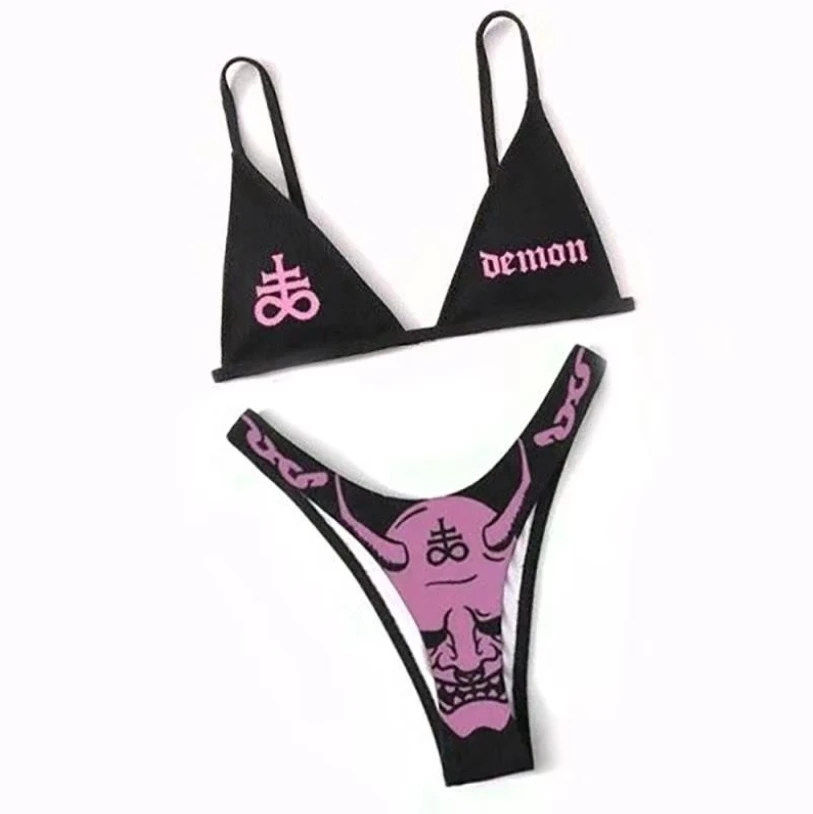 Yiiciovy Summer Sexy Female Swimwear Halloween Letter Cartoon Pattern Print Spaghetti Strap Bikini Sets Swimsuit Bathing Suit