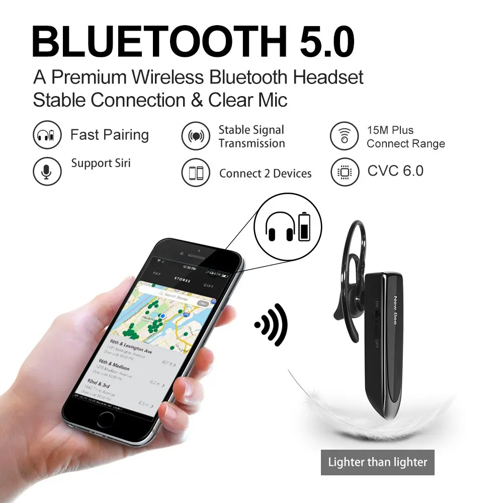 New Bee B41 Wireless Bluetooth 5.0 Earphones Hands-Free Mini Headset 22H Music Playing Earpieces With CVC 6.0 Mic For IPhones 4