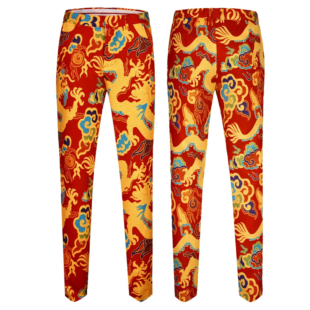 2023 New Dragon Pattern Print Men Suits Chinese Style Red Male Slim Fit Blazer Stage Party Fashion Jacket Pants Suit 2 Piece Set