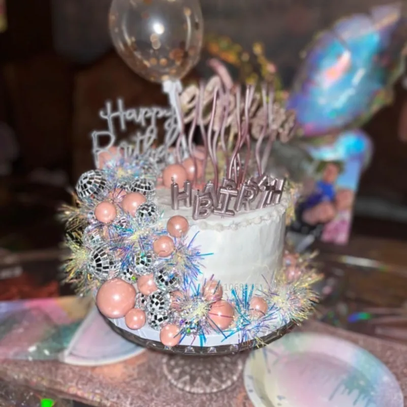 30-10PCS Foil Firework Cupcake Toppers Happy Birthday Cake Toppers Sparkle Tinsel Flower Toothpicks Party Decor Baby Shower