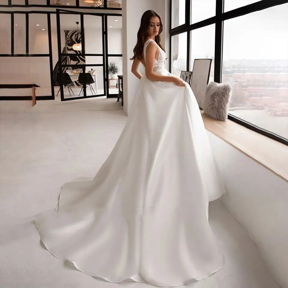 SoDigne Modern Wedding Dress V-Neck Sleeveless Lace A Line Bridal Gowns Beach Satin Wedding Gowns  Custom Made Robe De Mariee 2