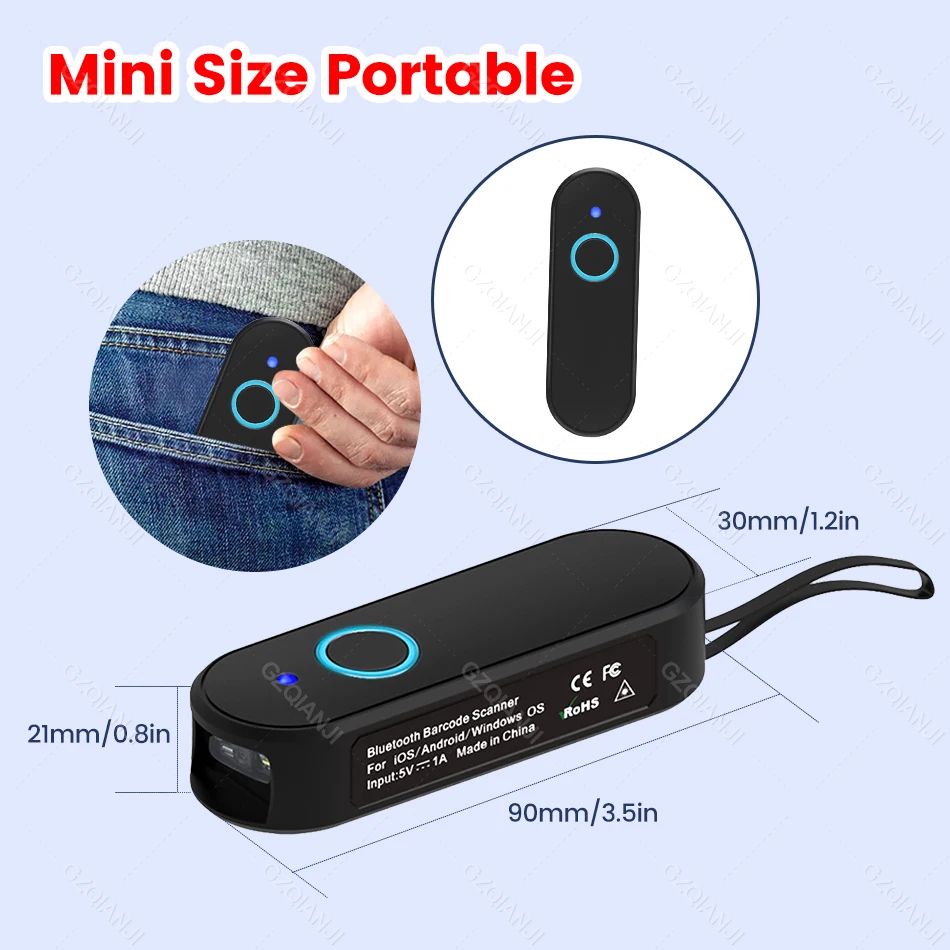Bluetooth 2D Mini Mobile Pocket Barcode Scanner Portable 2.4G Wireless 1D 2D QR PDF417 Bar Code Reader for Warehouse Inventory