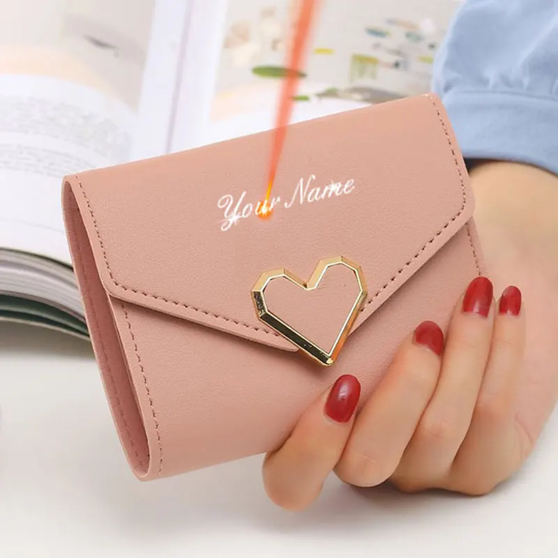 2022 New Short Women Wallets Free Name Engraving Kpop Heart-Shaped Cute Small Women's Wallet PU Leather Slim Simple Female Purse