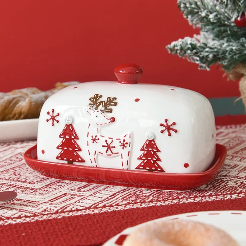 Ceramic Butter Dish Nordic Santa Claus Elk Cakes Sweets Desserts Plate Butter Plates Cheese Tray Tableware Christmas Food Tray butter storage box