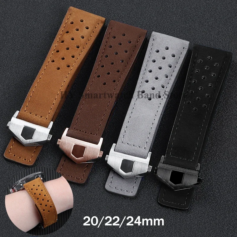 Genuine Leather Watch Strap with Brushed Cowhide and Solid Folding Buckle