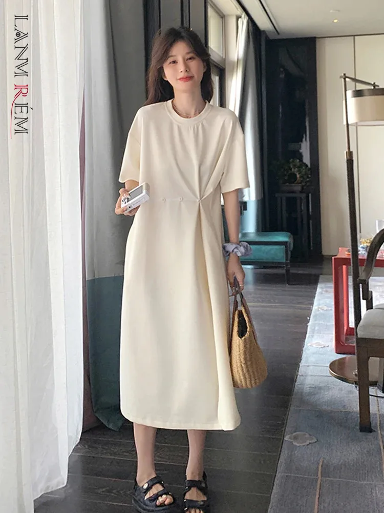 

LANMREM Minimalism Dress For Women O-neck Short Sleeves Solid Color Loose Split Dresses Casual 2024 Summer New Clothing 2Z1582