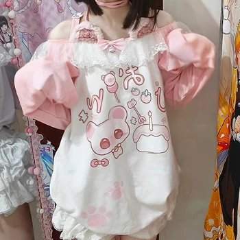 Women clothing Kawaii arcane Anime Printed T-shirt Autumn New Subculture Pink Long-sleeved T Shirt Fashion Halter Design Sense 1