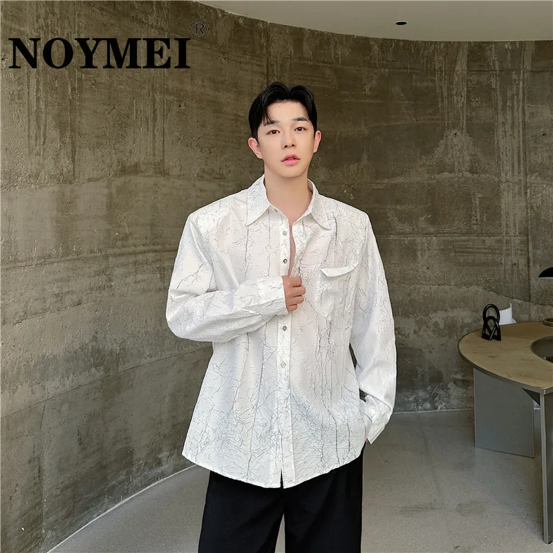 

NOYMEI New Personality Niche Design Texture Cracked Shoulder Padded Shirt White 2024 Spring Long Sleeve Top Men Chic WA4393