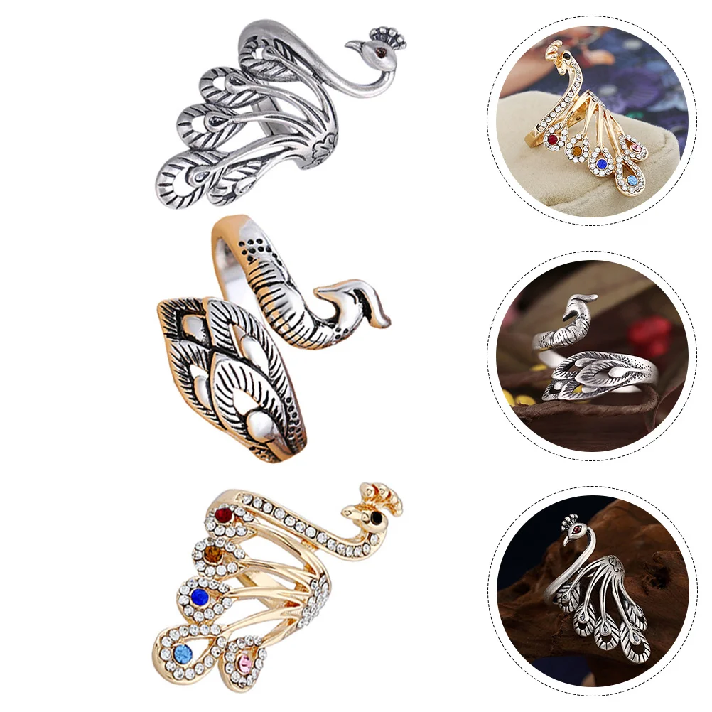 

3 Pcs Sterling Silver Peacock Open Ring Crochet Hook Vintage Stackable Alloy Ethnic Style Finger