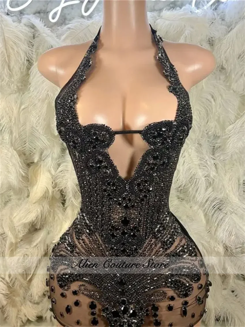 Sparkly red rhinestones short prom dress glitter beads diamonds crystal birthday party gown cocktail halter customized