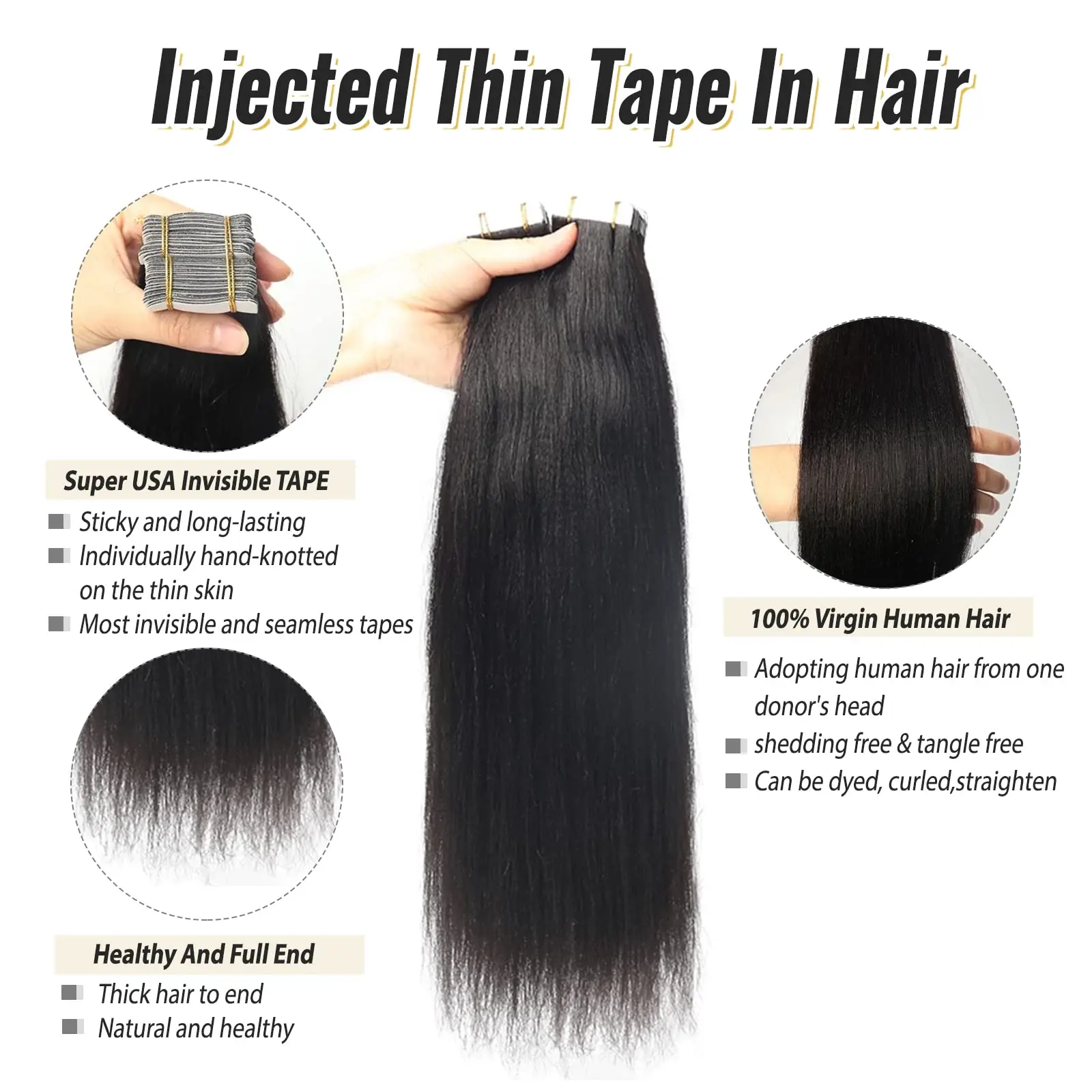 Yaki Straight Tape in Hair Extensions 14-26inches Real Virgin Human Hair Skin Weft Tape in Double Weft Glue Extensions
