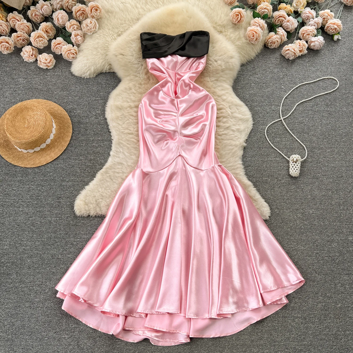 

MSHARBOR Pink Romantic Pleated Strapless Dress Luxurious Satin Ruffled Dinner Gown Celebrity Birthday Party Evening Dress