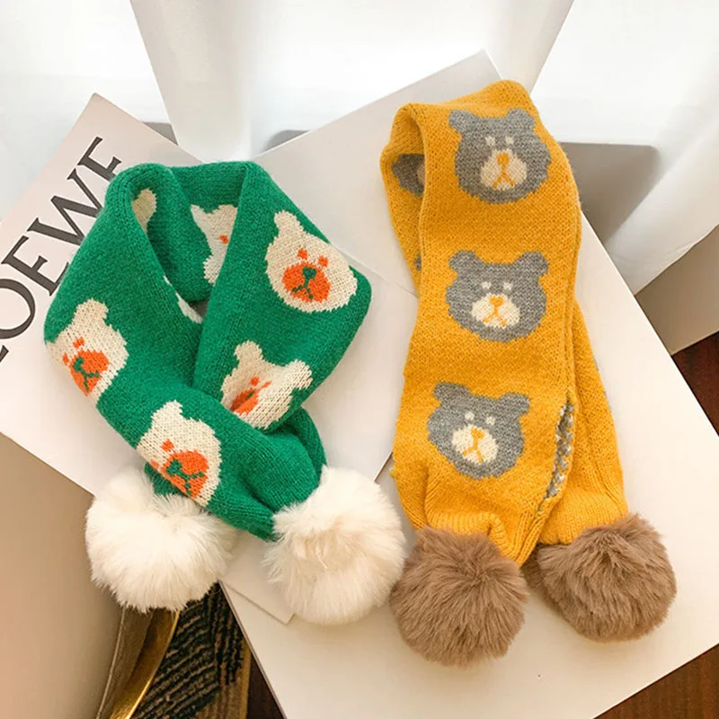 Winter Kids Knit Scarf Cute Cartoon Bear Boy Girl Thicken Warm Woolen Neckerchief Outdoor Anti-Cold 2-6 Years Kids Pompom Scarf baby scarf,wool scarf