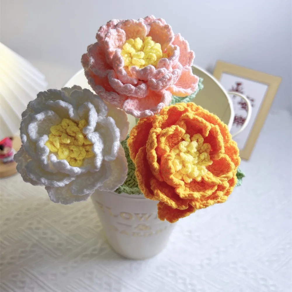 

Handmade Crochet Peony Bouquet Simulation Flower Wool Hand-woven Peony Woven Flowere Gradient Color Artificial Flower