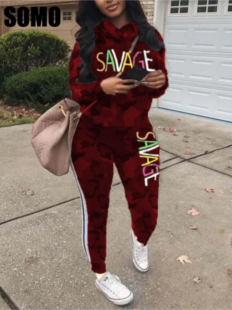 

SOMO Plus Size Fashion Letter Printing Two Piece Set Long Sleeve Top Causal Long Pants Two Piece Sets Wholesale Dropshipping