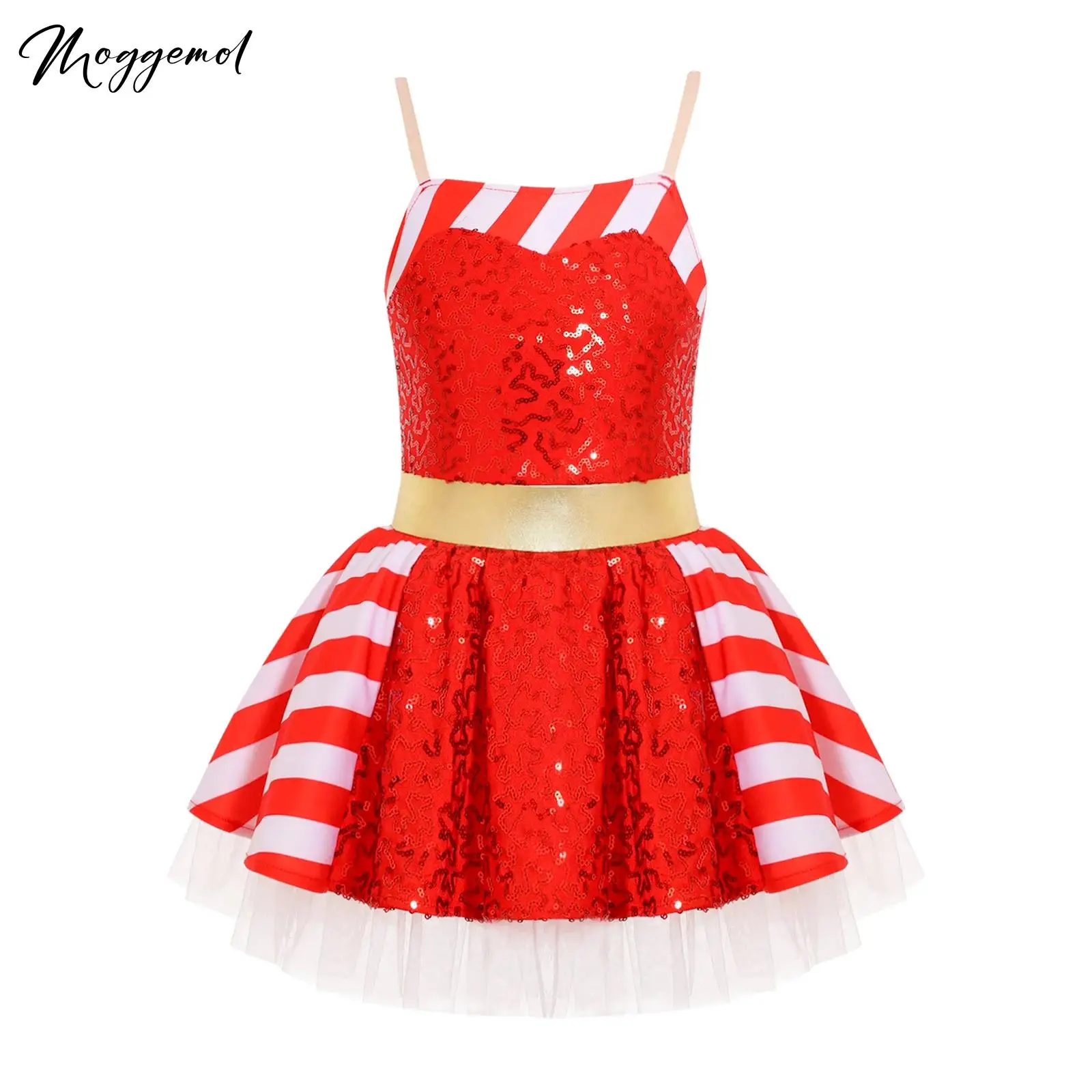 

Kids Girls Shiny Sequined Leotard Dress Christmas Candy Cane Costume Striped Ballet Dance Figure Skating Tutu Dress Dancewear