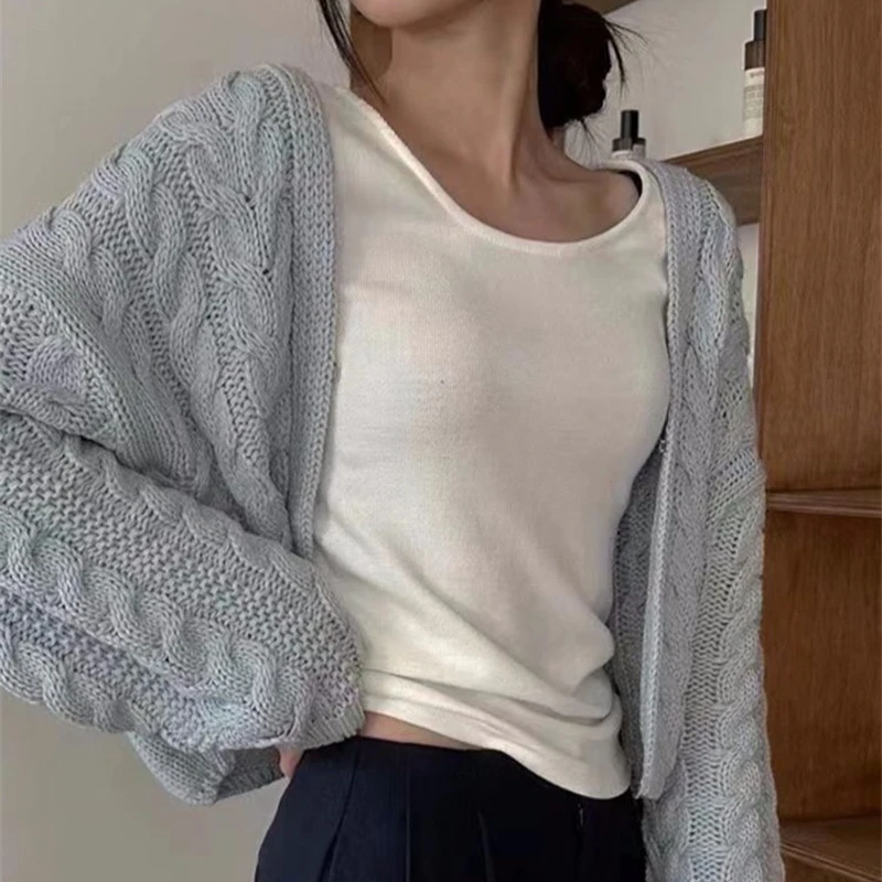 Korean Style Autumn Women Long Sleeve Knitted Top Elegant Casual Solid Color Cardigan Sweater Winter Short Knitwear 2025 Fall