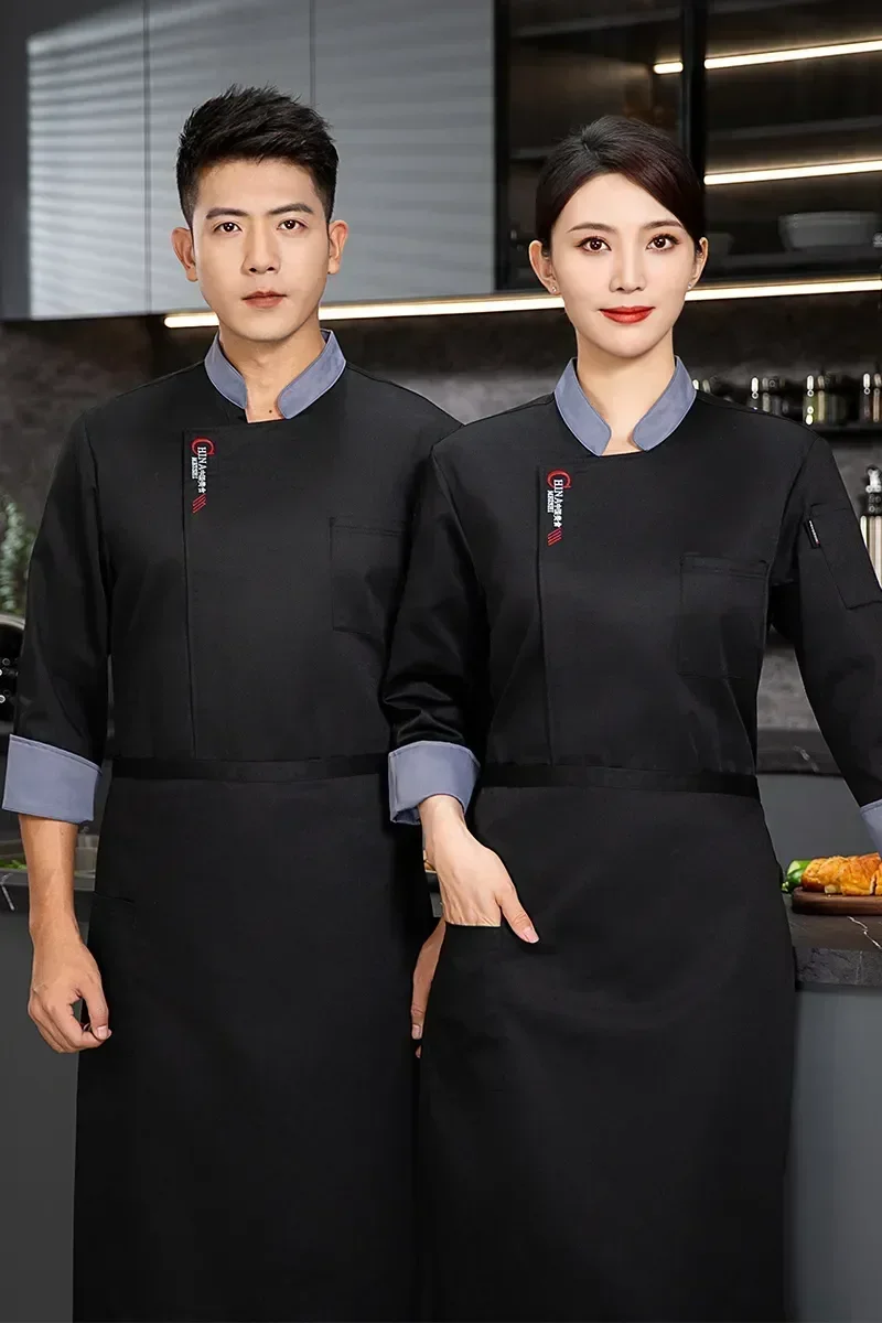 

Cook Apron Long With Logo Chef Work Uniform T-shirt Hotel Men Waiter Jacket Sleeve Coat Clothes Restaurant