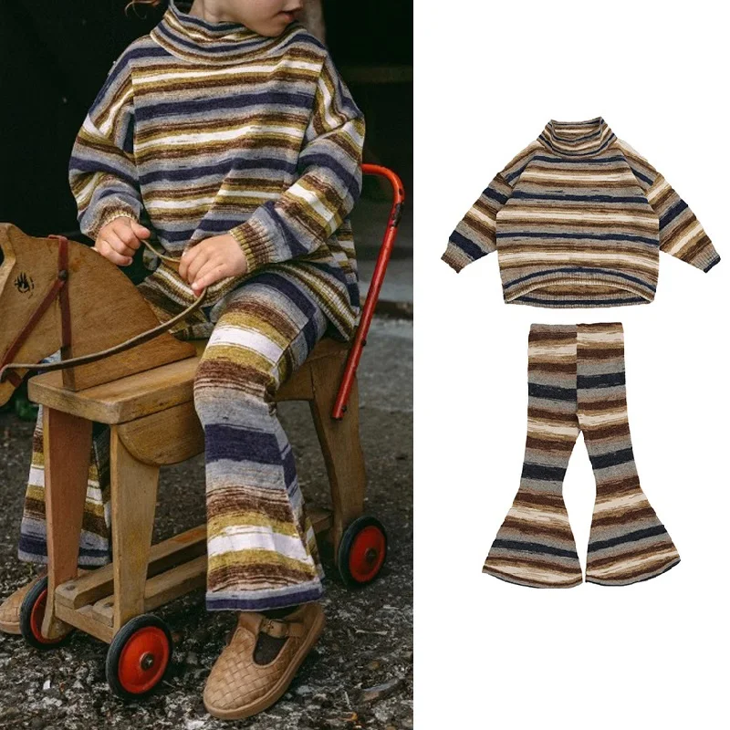 

Children's T-shirts 2023 Autumn and Winter Girls boys Stripe High Neck Basic Tshirts Tops Pants Quality Long Sleeve Tees